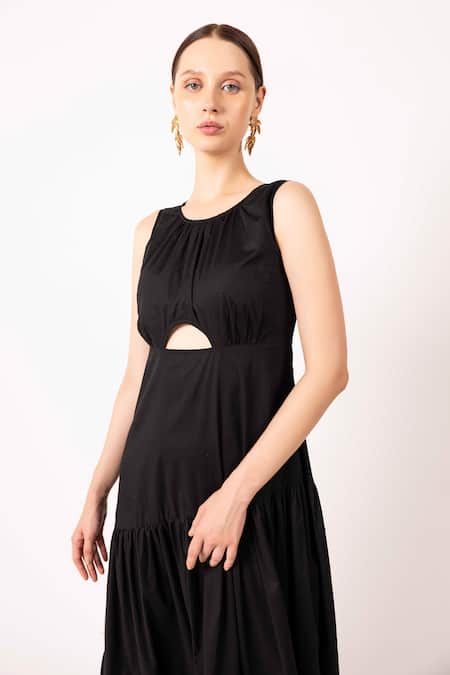Buy_Shimona_Black Cotton Satin Solid Round Cut-out Dress _Online_at_Aza_Fashions