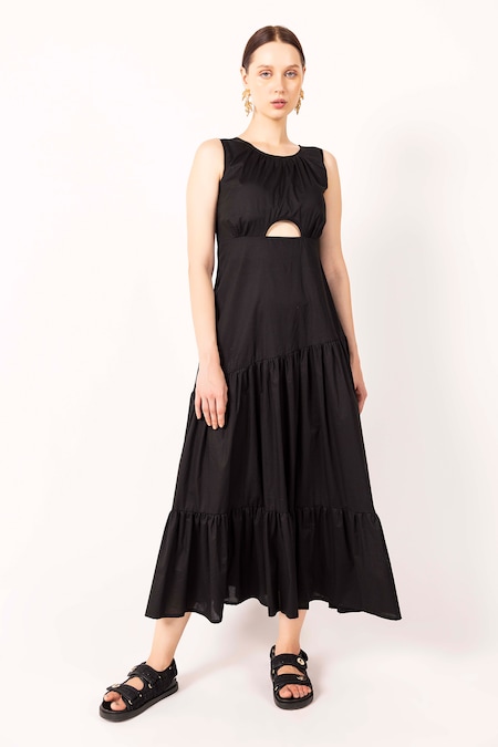 SHIMONA Black Cotton Satin Solid Round Cut-out Dress 