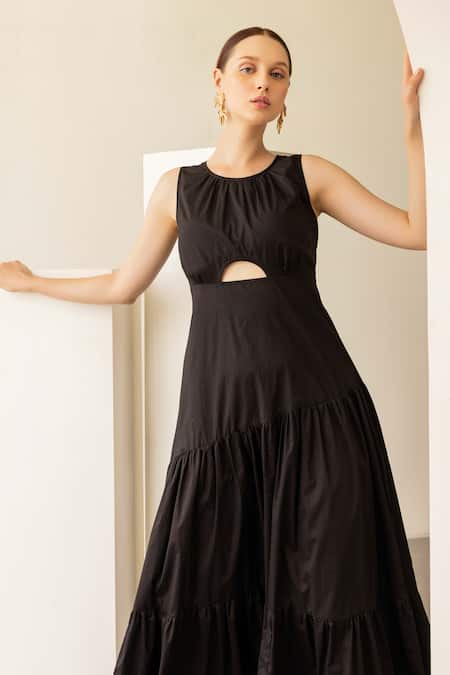 Shop_Shimona_Black Cotton Satin Solid Round Cut-out Dress _Online_at_Aza_Fashions
