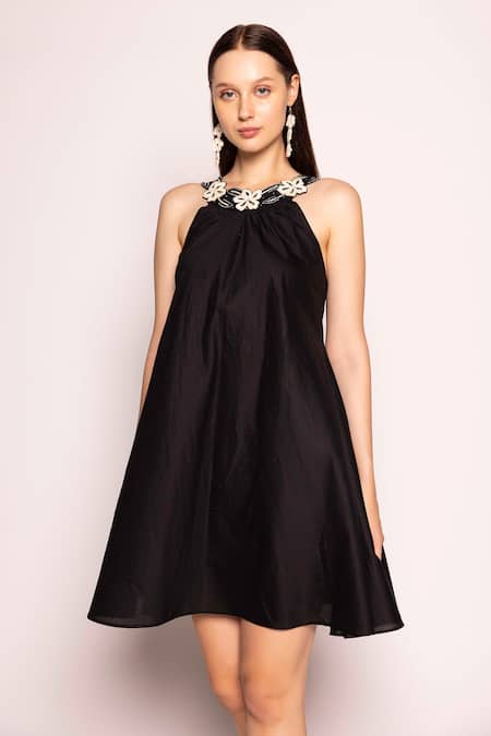 Shimona Black Satin, Crepe Embroidery Halter Neck Little Floral Placement Dress Online at Aza Fashions Shimona_Black Satin, Crepe Embroidery Halter Neck Little Floral Placement Dress _Online_at_Aza_Fashions