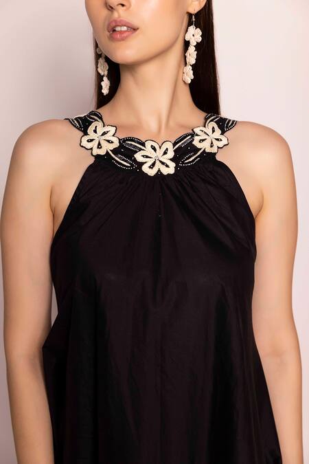 Buy Shimona Black Satin, Crepe Embroidery Halter Neck Little Floral Placement Dress Online at Aza Fashions Buy_Shimona_Black Satin, Crepe Embroidery Halter Neck Little Floral Placement Dress _Online_at_Aza_Fashions