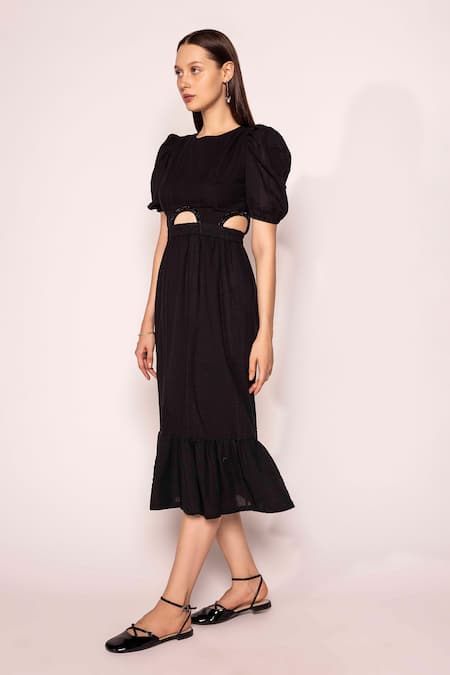 Shimona Black Satin, Crepe Round Neck Cut-out Solid Dress Online at Aza Fashions Shimona_Black Satin, Crepe Round Neck Cut-out Solid Dress _Online_at_Aza_Fashions