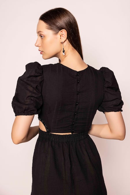 Shop Shimona Black Satin, Crepe Round Neck Cut-out Solid Dress at Aza Fashions Shop_Shimona_Black Satin, Crepe Round Neck Cut-out Solid Dress _at_Aza_Fashions