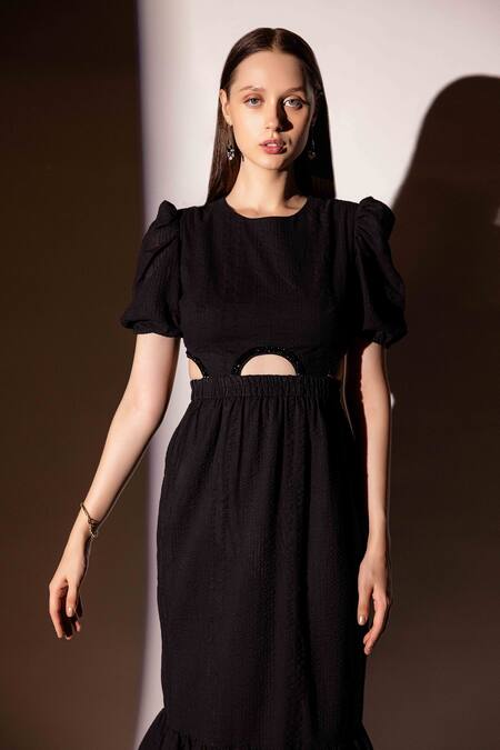 Shop Shimona Black Satin, Crepe Round Neck Cut-out Solid Dress Online at Aza Fashions Shop_Shimona_Black Satin, Crepe Round Neck Cut-out Solid Dress _Online_at_Aza_Fashions