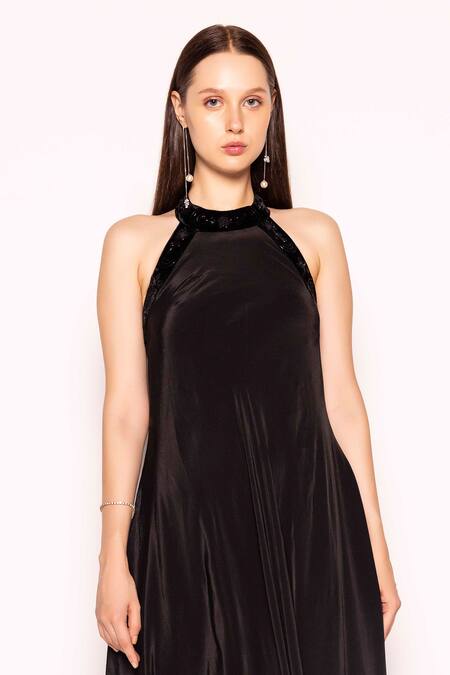 Shimona Black Silk Halter Neck Solid Dress Online at Aza Fashions Shimona_Black Silk Halter Neck Solid Dress _Online_at_Aza_Fashions