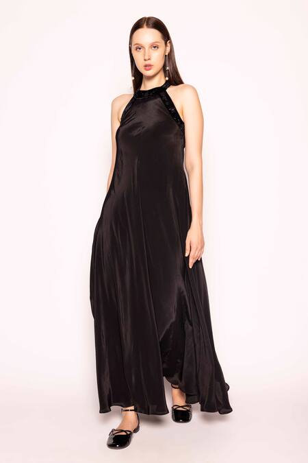 Buy Shimona Black Silk Halter Neck Solid Dress Online at Aza Fashions Buy_Shimona_Black Silk Halter Neck Solid Dress _Online_at_Aza_Fashions