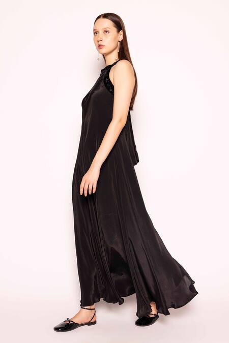 Shop Shimona Black Silk Halter Neck Solid Dress Online at Aza Fashions Shop_Shimona_Black Silk Halter Neck Solid Dress _Online_at_Aza_Fashions
