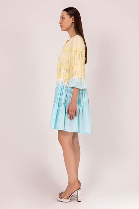 Shimona Yellow Cotton Satin Round Neck Iris Water Shaded Tiered Dress Online at Aza Fashions Shimona_Yellow Cotton Satin Round Neck Iris Water Shaded Tiered Dress _Online_at_Aza_Fashions