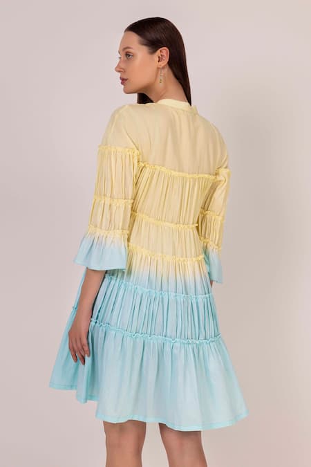 Shop Shimona Yellow Cotton Satin Round Neck Iris Water Shaded Tiered Dress at Aza Fashions Shop_Shimona_Yellow Cotton Satin Round Neck Iris Water Shaded Tiered Dress _at_Aza_Fashions