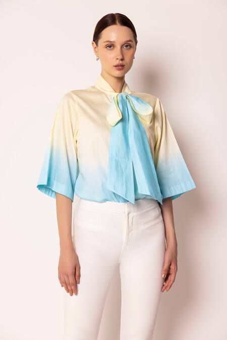 Shimona_Yellow Cotton Satin Dyed Tie-up Iris Water Shaded Bow Tie Shirt_Online_at_Aza_Fashions