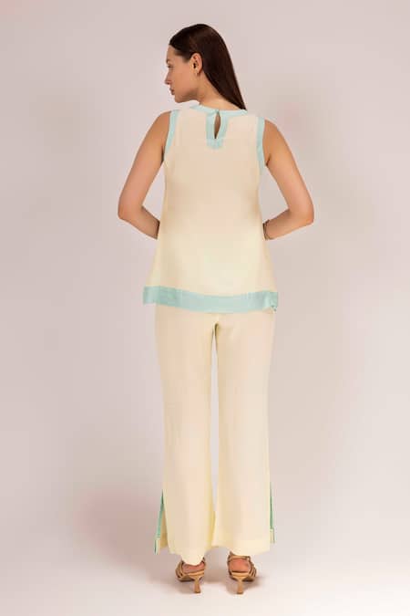 Shop_Shimona_Yellow Cotton Satin Embroidery Round Neck Bow Motif Top Trouser Set _at_Aza_Fashions