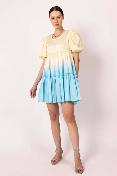 Shimona Yellow Organic Satin Crepe Dyed Round Iris Short Tiered Dress Online at Aza Fashions Shimona_Yellow Organic Satin Crepe Dyed Round Iris Short Tiered Dress _Online_at_Aza_Fashions