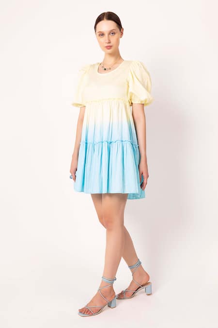 Buy Shimona Yellow Organic Satin Crepe Dyed Round Iris Short Tiered Dress Online at Aza Fashions Buy_Shimona_Yellow Organic Satin Crepe Dyed Round Iris Short Tiered Dress _Online_at_Aza_Fashions