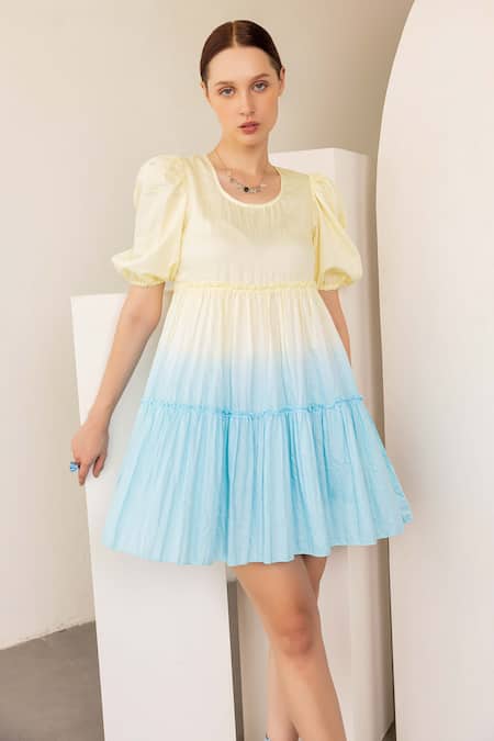 Shop Shimona Yellow Organic Satin Crepe Dyed Round Iris Short Tiered Dress Online at Aza Fashions Shop_Shimona_Yellow Organic Satin Crepe Dyed Round Iris Short Tiered Dress _Online_at_Aza_Fashions