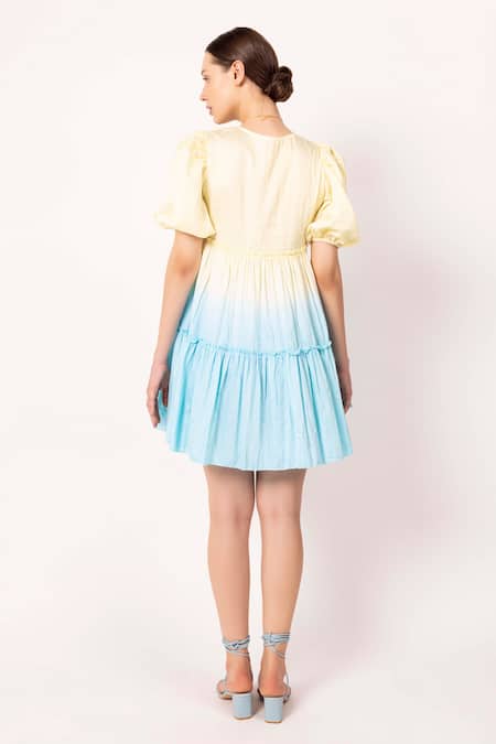 Shop Shimona Yellow Organic Satin Crepe Dyed Round Iris Short Tiered Dress at Aza Fashions Shop_Shimona_Yellow Organic Satin Crepe Dyed Round Iris Short Tiered Dress _at_Aza_Fashions