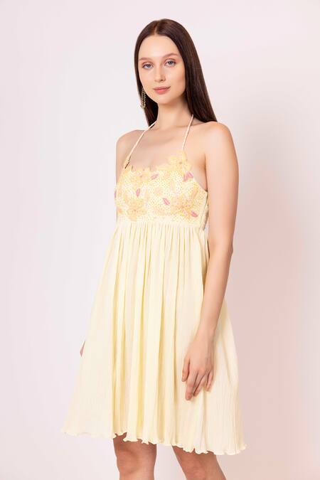 Buy Shimona Yellow Cotton Embroidery Halter Neck Iris Floral Cutwrok Dress Online at Aza Fashions Buy_Shimona_Yellow Cotton Embroidery Halter Neck Iris Floral Cutwrok Dress _Online_at_Aza_Fashions