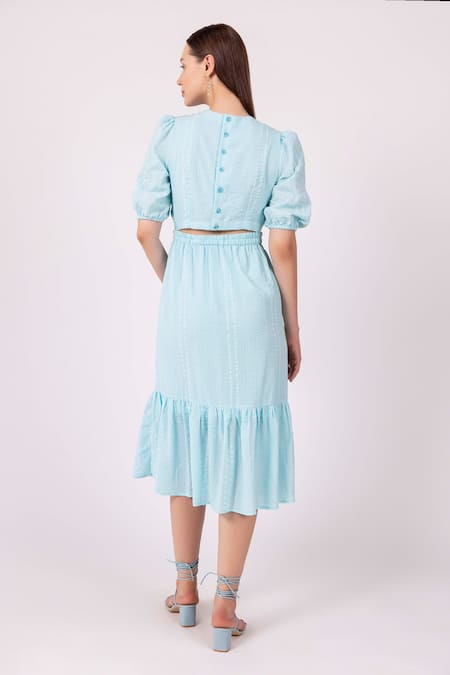 Shop Shimona Blue Cotton Satin Embroidery Round Neck Water Ballet Cutout Midi Dress at Aza Fashions Shop_Shimona_Blue Cotton Satin Embroidery Round Neck Water Ballet Cutout Midi Dress _at_Aza_Fashions