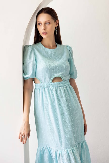 Shimona Blue Cotton Satin Embroidery Round Neck Water Ballet Cutout Midi Dress Online at Aza Fashions Shimona_Blue Cotton Satin Embroidery Round Neck Water Ballet Cutout Midi Dress _Online_at_Aza_Fashions