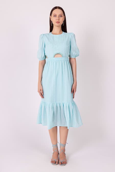 Buy Shimona Blue Cotton Satin Embroidery Round Neck Water Ballet Cutout Midi Dress Online at Aza Fashions Buy_Shimona_Blue Cotton Satin Embroidery Round Neck Water Ballet Cutout Midi Dress _Online_at_Aza_Fashions