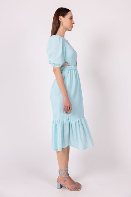 Shop Shimona Blue Cotton Satin Embroidery Round Neck Water Ballet Cutout Midi Dress Online at Aza Fashions Shop_Shimona_Blue Cotton Satin Embroidery Round Neck Water Ballet Cutout Midi Dress _Online_at_Aza_Fashions