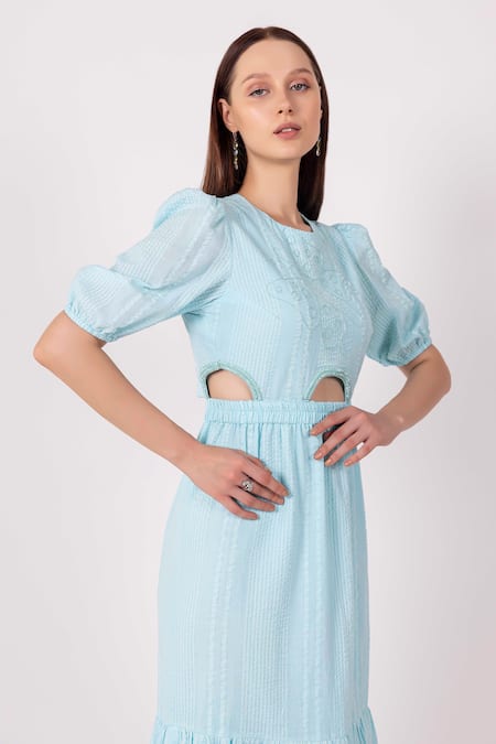 Shimona Blue Cotton Satin Embroidery Round Neck Water Ballet Cutout Midi Dress at Aza Fashions Shimona_Blue Cotton Satin Embroidery Round Neck Water Ballet Cutout Midi Dress _at_Aza_Fashions