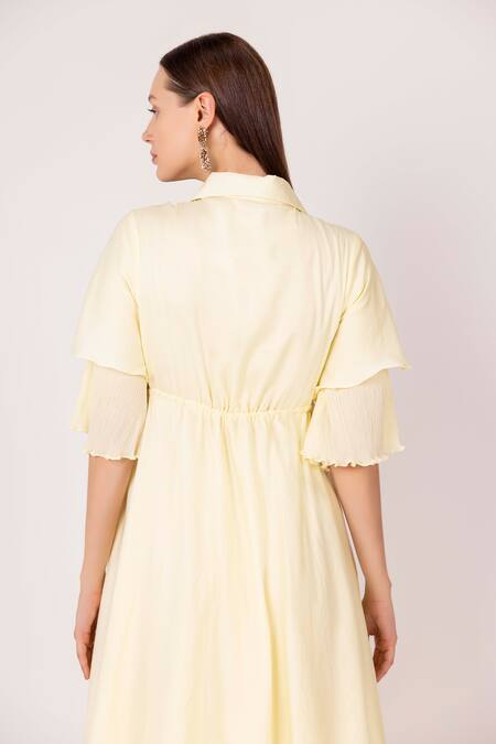 Shop Shimona Yellow Satin, Shawl Neck Iris Waist Tie Layered Dress at Aza Fashions Shop_Shimona_Yellow Satin, Shawl Neck Iris Waist Tie Layered Dress _at_Aza_Fashions