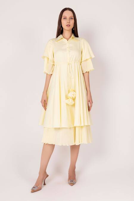 Shimona Yellow Satin, Shawl Neck Iris Waist Tie Layered Dress Online at Aza Fashions Shimona_Yellow Satin, Shawl Neck Iris Waist Tie Layered Dress _Online_at_Aza_Fashions