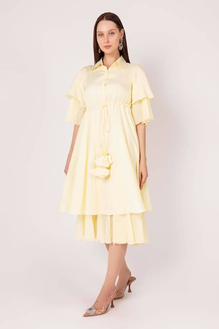 Buy Shimona Yellow Satin, Shawl Neck Iris Waist Tie Layered Dress Online at Aza Fashions Buy_Shimona_Yellow Satin, Shawl Neck Iris Waist Tie Layered Dress _Online_at_Aza_Fashions
