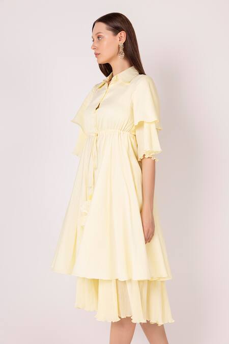 Shop Shimona Yellow Satin, Shawl Neck Iris Waist Tie Layered Dress Online at Aza Fashions Shop_Shimona_Yellow Satin, Shawl Neck Iris Waist Tie Layered Dress _Online_at_Aza_Fashions