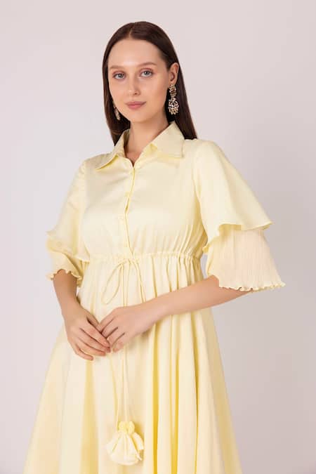 Shimona Yellow Satin, Shawl Neck Iris Waist Tie Layered Dress at Aza Fashions Shimona_Yellow Satin, Shawl Neck Iris Waist Tie Layered Dress _at_Aza_Fashions