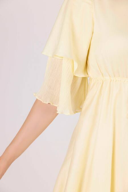 Buy Shimona Yellow Satin, Shawl Neck Iris Waist Tie Layered Dress Buy_Shimona_Yellow Satin, Shawl Neck Iris Waist Tie Layered Dress