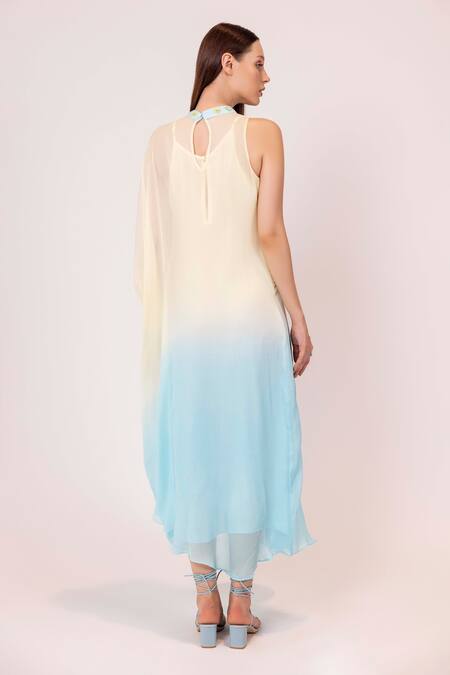 Shop Shimona Yellow Chiffon Embroidery Turtle Neck Iris Water Shaded Kaftan Dress at Aza Fashions Shop_Shimona_Yellow Chiffon Embroidery Turtle Neck Iris Water Shaded Kaftan Dress _at_Aza_Fashions