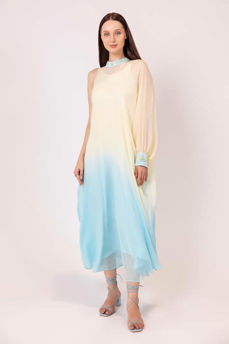 Shimona Yellow Chiffon Embroidery Turtle Neck Iris Water Shaded Kaftan Dress Online at Aza Fashions Shimona_Yellow Chiffon Embroidery Turtle Neck Iris Water Shaded Kaftan Dress _Online_at_Aza_Fashions