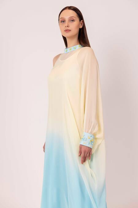 Buy Shimona Yellow Chiffon Embroidery Turtle Neck Iris Water Shaded Kaftan Dress Online at Aza Fashions Buy_Shimona_Yellow Chiffon Embroidery Turtle Neck Iris Water Shaded Kaftan Dress _Online_at_Aza_Fashions