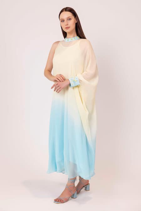 Shop Shimona Yellow Chiffon Embroidery Turtle Neck Iris Water Shaded Kaftan Dress Online at Aza Fashions Shop_Shimona_Yellow Chiffon Embroidery Turtle Neck Iris Water Shaded Kaftan Dress _Online_at_Aza_Fashions