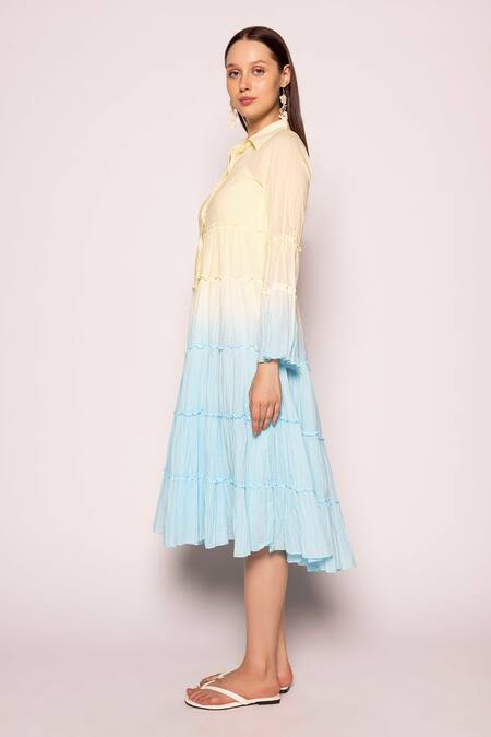 Shimona Yellow Cotton Collared Iris Water Shaded Tiered Midi Dress Online at Aza Fashions Shimona_Yellow Cotton Collared Iris Water Shaded Tiered Midi Dress _Online_at_Aza_Fashions