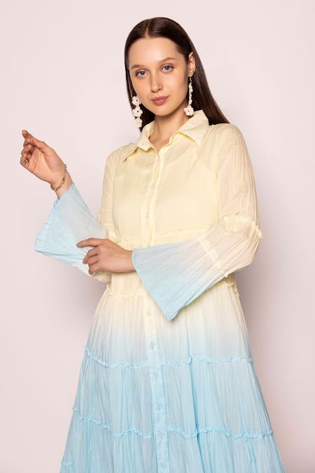 Buy Shimona Yellow Cotton Collared Iris Water Shaded Tiered Midi Dress Online at Aza Fashions Buy_Shimona_Yellow Cotton Collared Iris Water Shaded Tiered Midi Dress _Online_at_Aza_Fashions