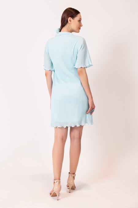 Shop Shimona Blue Cotton Satin Collared V Pastel Short Dress at Aza Fashions Shop_Shimona_Blue Cotton Satin Collared V Pastel Short Dress_at_Aza_Fashions