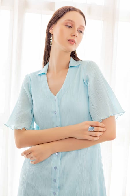 Shimona Blue Cotton Satin Collared V Pastel Short Dress Online at Aza Fashions Shimona_Blue Cotton Satin Collared V Pastel Short Dress_Online_at_Aza_Fashions