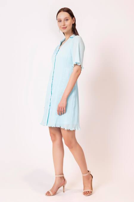 Buy Shimona Blue Cotton Satin Collared V Pastel Short Dress Online at Aza Fashions Buy_Shimona_Blue Cotton Satin Collared V Pastel Short Dress_Online_at_Aza_Fashions