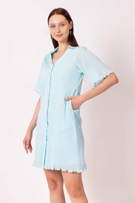 Shop Shimona Blue Cotton Satin Collared V Pastel Short Dress Online at Aza Fashions Shop_Shimona_Blue Cotton Satin Collared V Pastel Short Dress_Online_at_Aza_Fashions