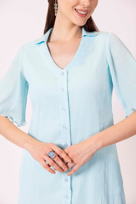 Shimona Blue Cotton Satin Collared V Pastel Short Dress at Aza Fashions Shimona_Blue Cotton Satin Collared V Pastel Short Dress_at_Aza_Fashions
