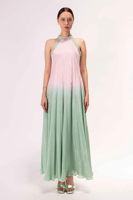 Shimona_Pink Silk, Crepe Embroidery Halter Neck Gown _Online_at_Aza_Fashions