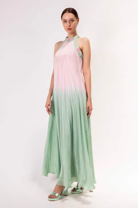 Buy_Shimona_Pink Silk, Crepe Embroidery Halter Neck Gown _Online_at_Aza_Fashions