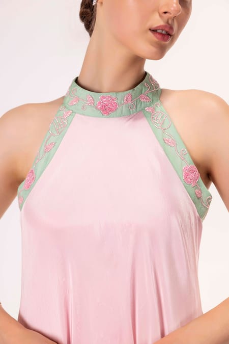 Shimona_Pink Silk, Crepe Embroidery Halter Neck Gown _at_Aza_Fashions