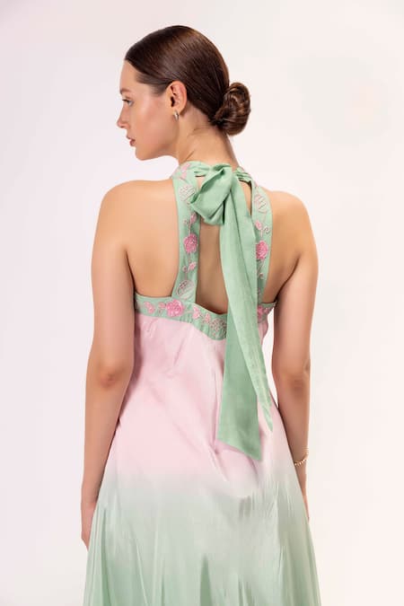 Shop_Shimona_Pink Silk, Crepe Embroidery Halter Neck Gown _at_Aza_Fashions