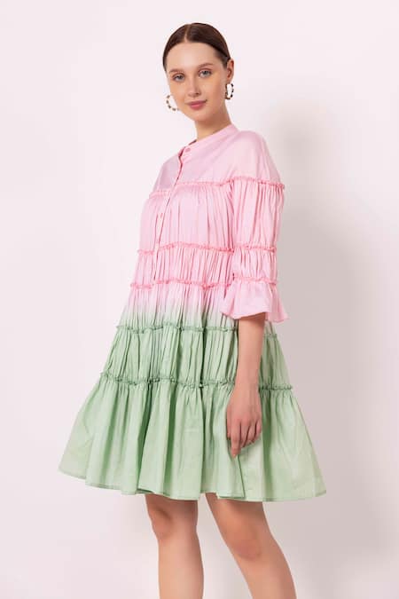 Shimona Pink Cotton Satin Collared Tiered Short Dress Online at Aza Fashions Shimona_Pink Cotton Satin Collared Tiered Short Dress _Online_at_Aza_Fashions