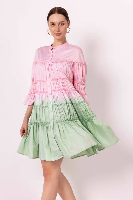Buy Shimona Pink Cotton Satin Collared Tiered Short Dress Online at Aza Fashions Buy_Shimona_Pink Cotton Satin Collared Tiered Short Dress _Online_at_Aza_Fashions