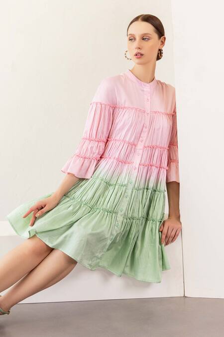 Shop Shimona Pink Cotton Satin Collared Tiered Short Dress Online at Aza Fashions Shop_Shimona_Pink Cotton Satin Collared Tiered Short Dress _Online_at_Aza_Fashions