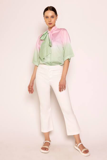 Shimona Pink Cotton Satin Tie-up Front Bow Shirt Online at Aza Fashions Shimona_Pink Cotton Satin Tie-up Front Bow Shirt _Online_at_Aza_Fashions